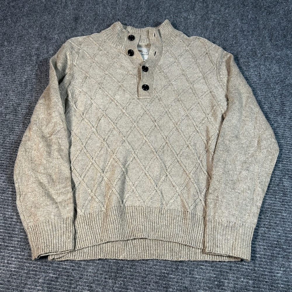 Bob Timberlake Henley Sweater Mens M Tan Excellent Diamond Cable Knit Mock Neck